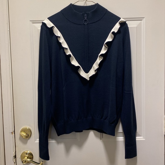 Tory Burch Sport Performance Cashmere Ruffle Half-Zip Sweater - Navy XL * read - Picture 5 of 15